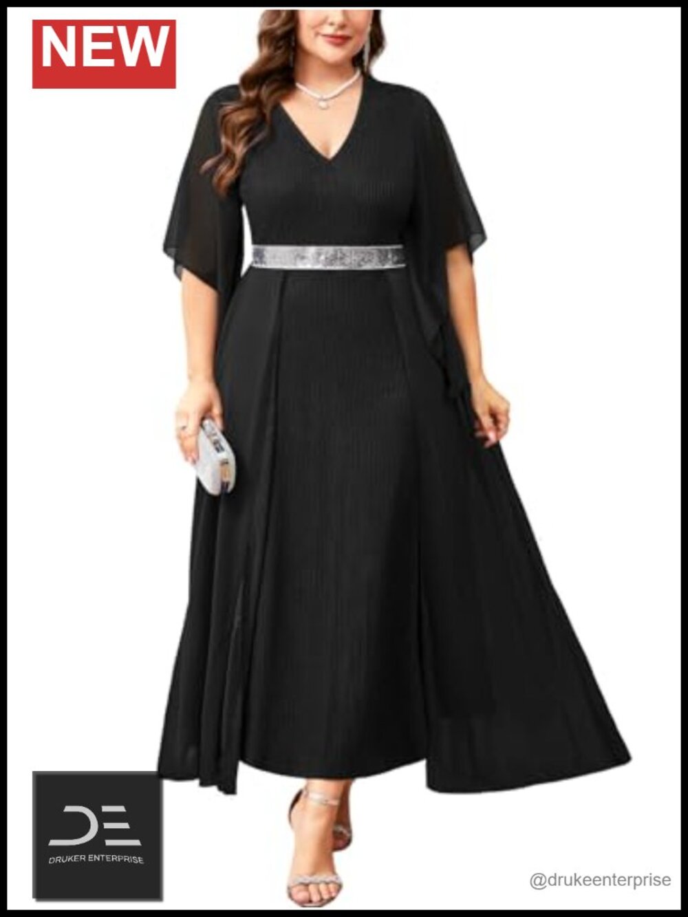 Plus Size Formal Maxi Dress V-Neck Handkerchief Sleeve Wedding Guest Evening